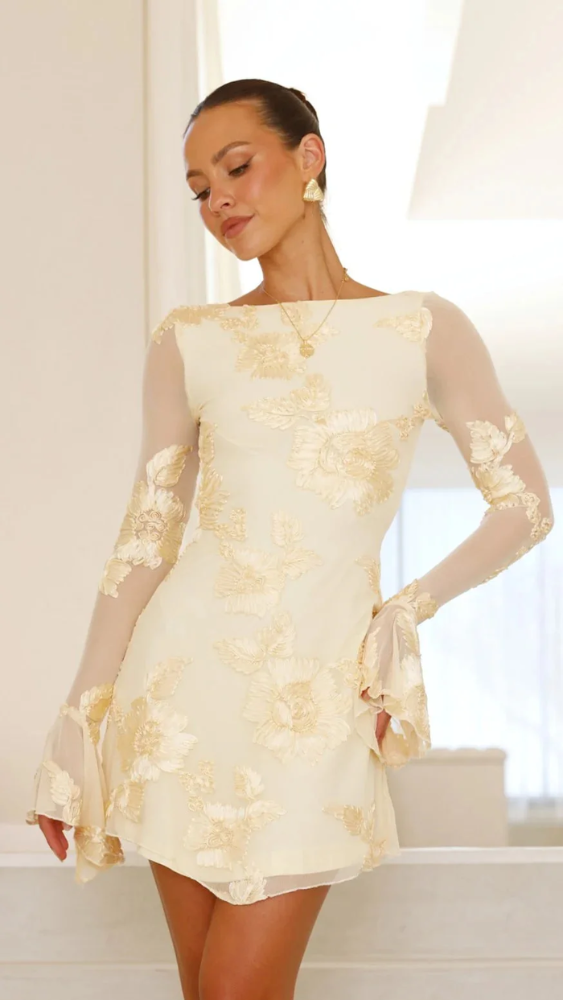 Fabienne - Mini Kleid Elegant mit Blumenstickerei