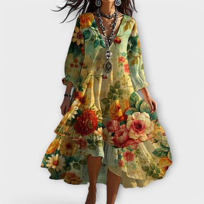 Lena - Vintage Boho Kleid mit V-Ausschnitt